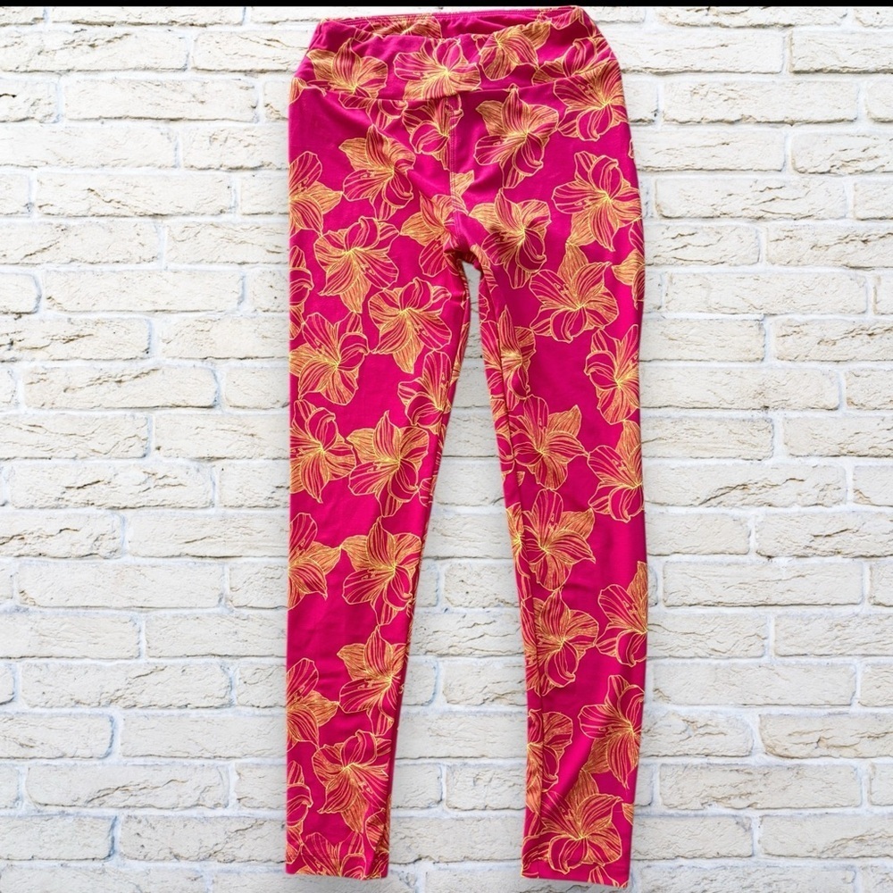 2for$15 3for$20 NEW LuLaRoe Leggings - pink with yellow and orange hibiscus